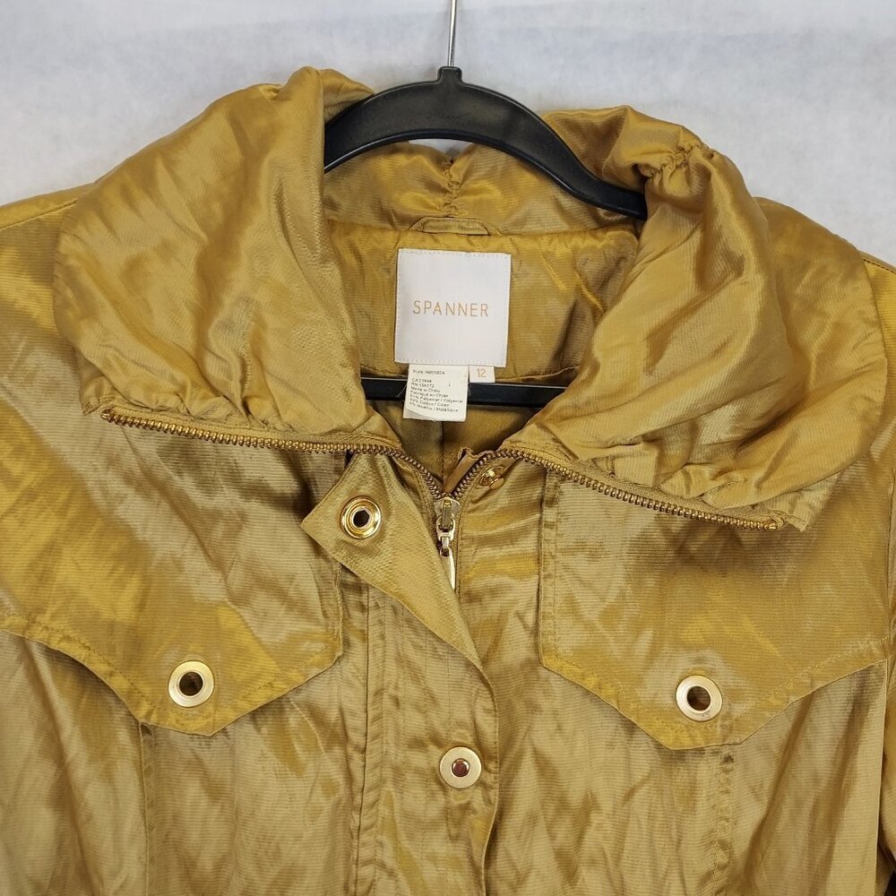 Spanner Utility Jacket Women 12 Stud Bell Sleeve Shiny Metallic Gold Slinky Glam - Picture 2 of 16